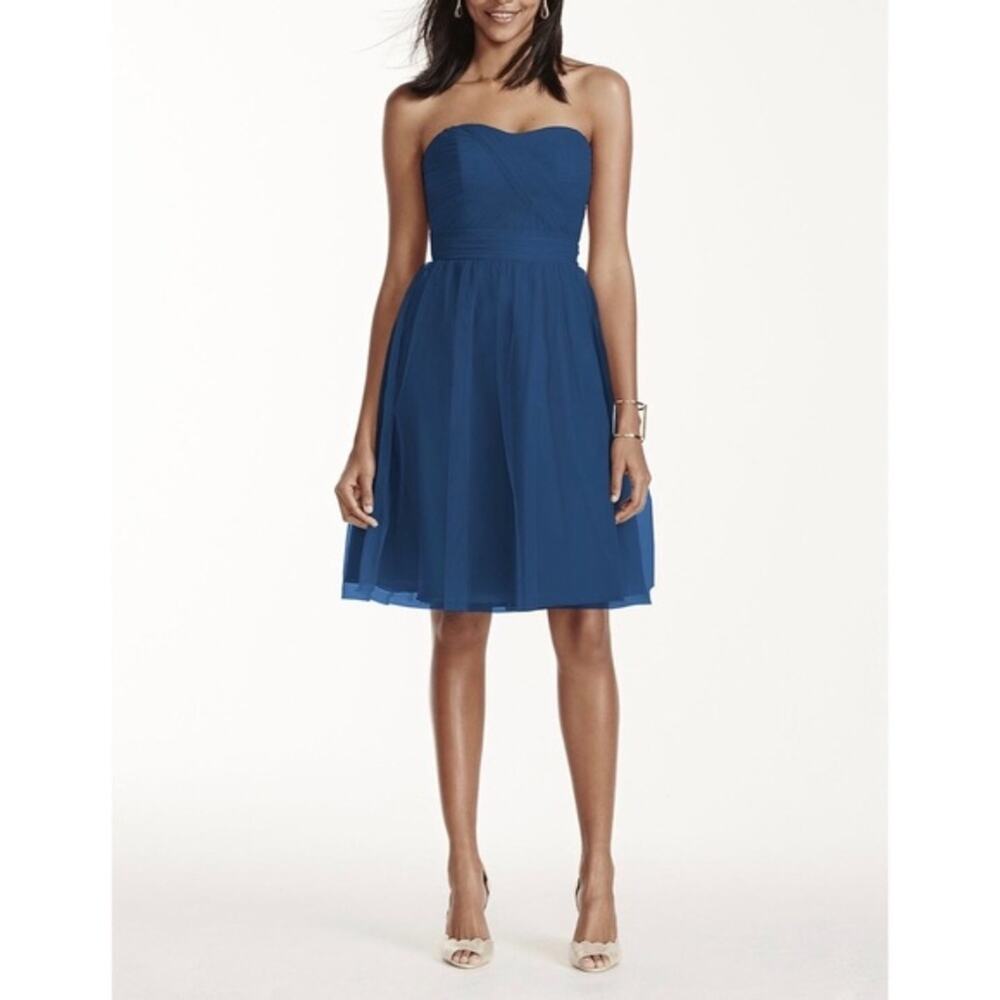 David’s Bridal Blue Strapless Tulle Short Dress